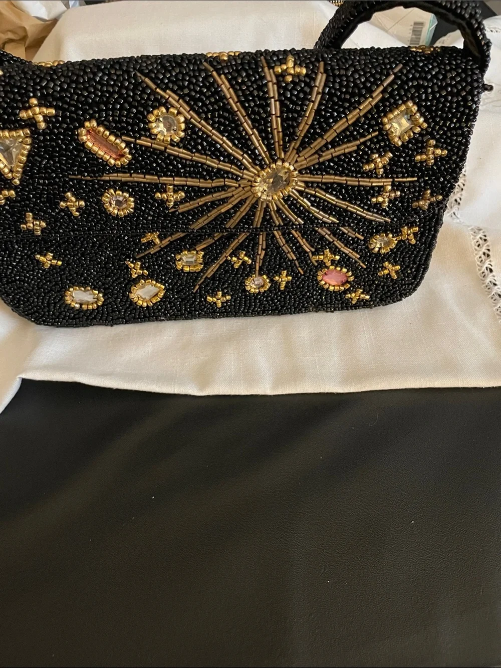 Black Hand-Sewn Beading Starburst Evening Clutch - Designer Style NEW